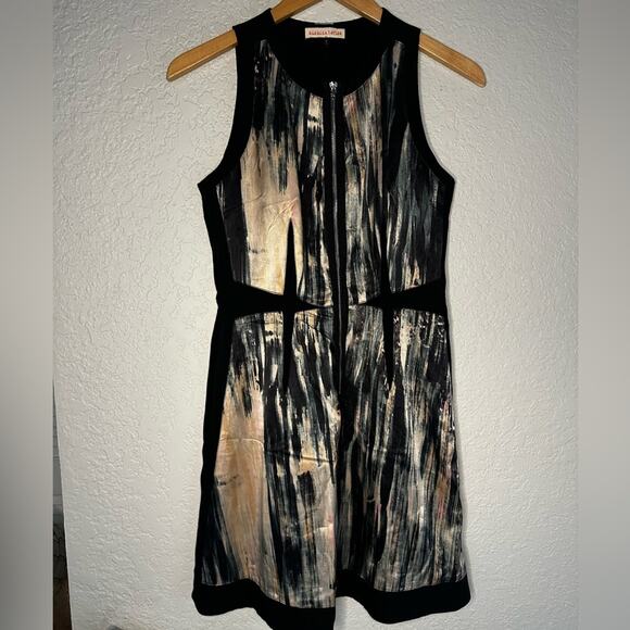 Rebecca Taylor Silk Artsy Front Zip Dress Black Watercolor Camo Cocktail Party - Picture 2 of 8